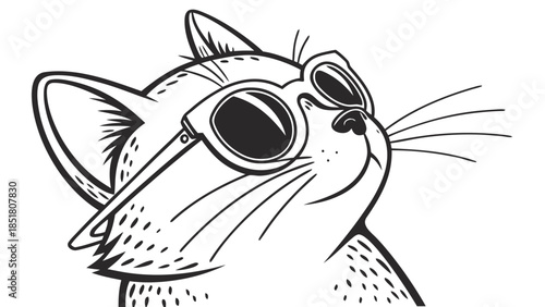 Cool Cat in Sunglasses Illustration - Monochrome Pet Art, Upward Gaze