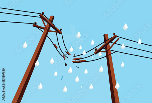 Broken power lines dangle amidst falling raindrops under a clear blue sky