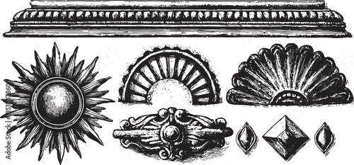 Decorative art deco illustration set. Classic design elements in black and white in vector format, featuring ornate details and vintage shapes.