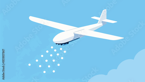 An isometric view of a white drone dispersing small white dots in a clear blue sky