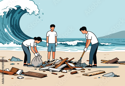 Volunteers clean a debris-strewn beach, a large wave looms in the background