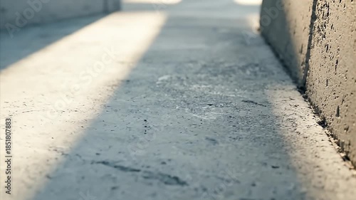 Teal disposable coffee cup with black lid resting on a textured concrete surface illuminated by bright sunlight and long shadows