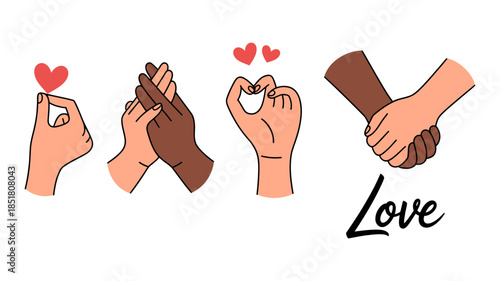 Illustration of diverse hands representing unity, love, and connection through different gestures