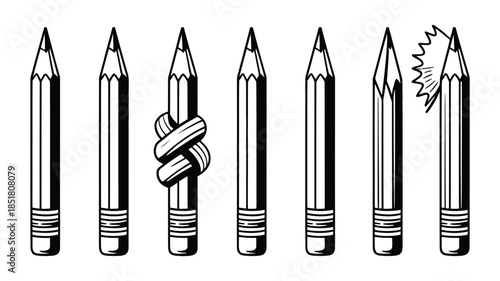 A line-up of pencils where one is knotted and one is broken, symbolizing challenge and resilience