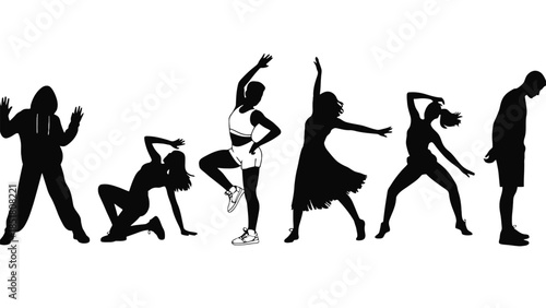 Silhouettes of people in various dance poses on a white background.