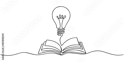 continuous one line art drawing of light blub above open book Line drawing open book with lamp idea School education concept, One line drawing of shining light bulb above open book. Minimalist