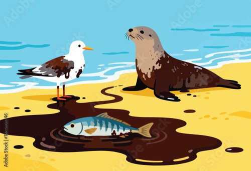 Oil spill on beach harming marine life with seal and seagull present