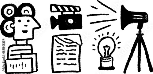 Video production elements: camera, microphone, and lighting. Simple vector illustration capturing essential media tools in a set for content creation.