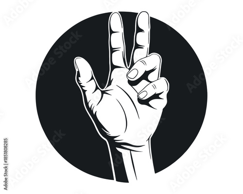 A hand with three fingers raised in a dark circle graphic.