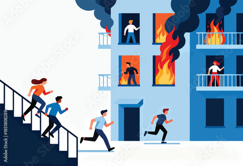 People escaping a burning building, running down stairs and out of doors