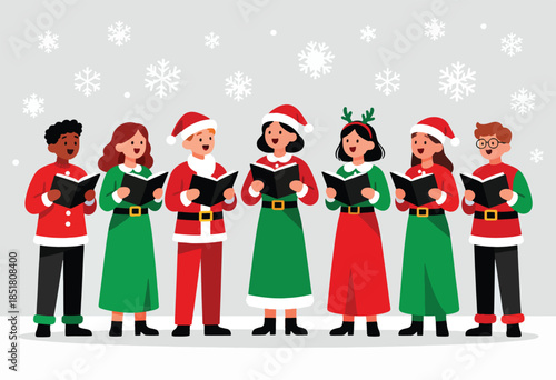 Children in festive attire sing carols together, surrounded by falling snowflakes