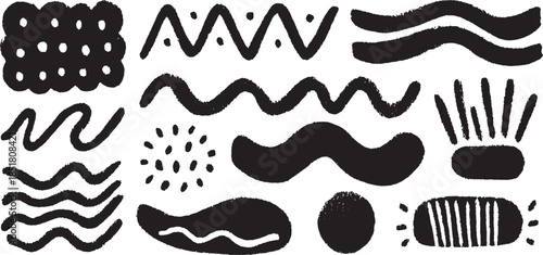 Patterns of black shapes and lines in a vector illustration. This set features abstract elements with a modern design.