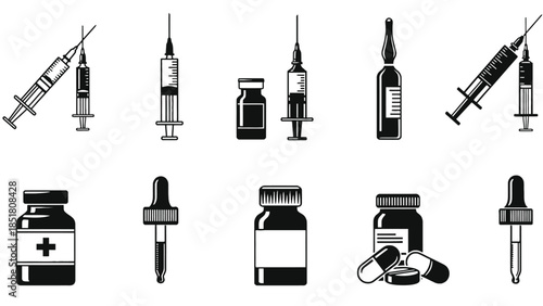 A collection of medical supplies including syringes, vials, and pills.