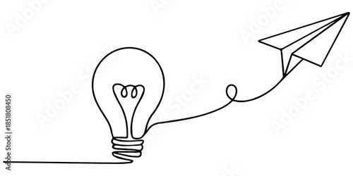Paper plane flying up connected with light bulb, gears and graph in one continuous line drawing. Airplane in outline style. one line Icon drawing, Paper plane flying up connected with light bulb