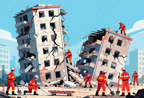 Rescue workers in red suits clear debris from damaged buildings after a disaster