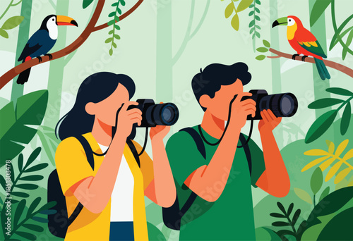 Two people with cameras explore a lush jungle with toucans