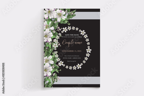 WEDDING INVITATION FRAME WITH FLOWER DECORATIONS AND FRESH LEAVES