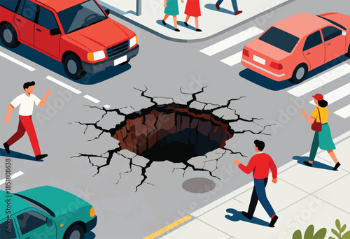 An intersection features a massive sinkhole, with cars and pedestrians navigating around it