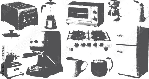 Vintage kitchen appliances illustration in black and white, featuring a toaster, blender, and more in a classic vector set.