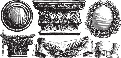 Classic architectural elements in a vintage set. Features ornate columns, laurel wreaths, and ribbons in a detailed monochrome vector illustration.