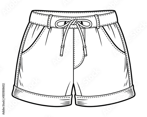 A detailed line drawing of a pair of casual shorts with a drawstring waist.