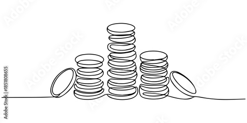 Stacks of coins penny cents. Continuous one line drawing, Stacks of coins penny cents. Continuous one line drawing. Vector illustration, Stacks of coins of different heights, 20 cents, kopecks