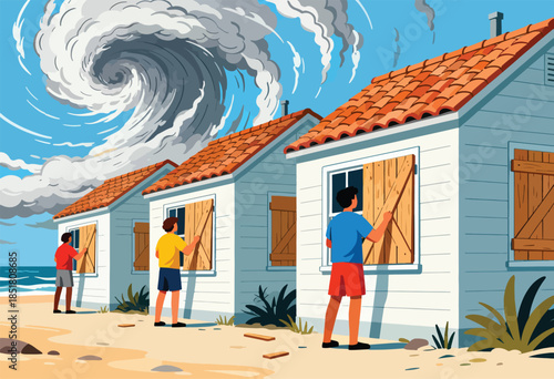 People board up windows on beach houses as a massive storm approaches