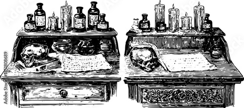 Antique engraving of a desk set featuring bottles, jars, and candles. The vintage vector illustration showcases skulls and paper in classic style.