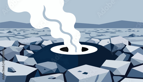 A steaming volcanic vent erupts from a frozen, mountainous landscape