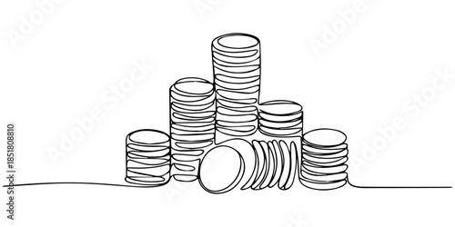 Stacks of coins penny cents. Continuous one line drawing, Stacks of coins penny cents. Continuous one line drawing. Vector illustration, Stacks of coins of different heights, 20 cents, kopecks