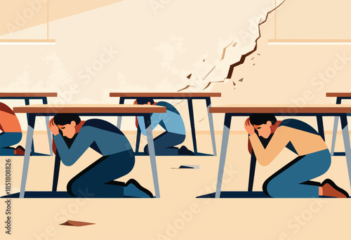 People seek shelter under desks as a wall cracks during an earthquake