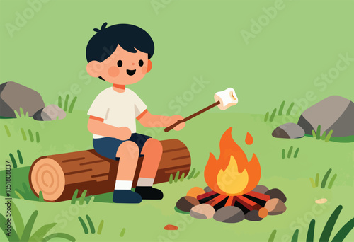 A cheerful child roasts a marshmallow over a campfire while sitting on a log