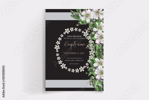 WEDDING INVITATION FRAME WITH FLOWER DECORATIONS AND FRESH LEAVES