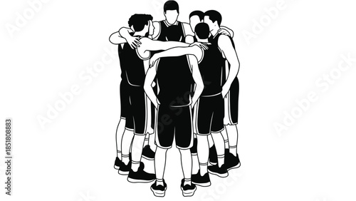 Basketball players huddle together in a team huddle.