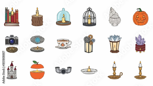 Collection of various objects and items including candles pumpkins and crystals.