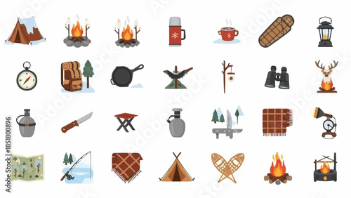 Collection of Camping and Outdoor Adventure Gear Icons.