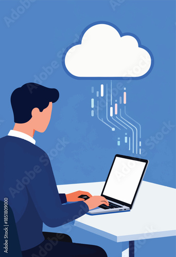 Person works on laptop connected to abstract cloud data flow