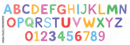 Full set of colorful crayon-style letters and numbers