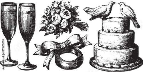 Wedding elements illustrated: a champagne set, elegant cake, bouquet of flowers, and love birds. Hand-drawn vector illustration capturing the essence of celebration.