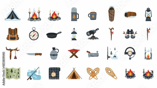Collection of Camping and Outdoor Adventure Gear Icons.