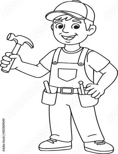 cartoon worker holding hammer smiling