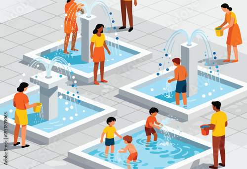 People enjoying water fountains and splashing in pools on a sunny day