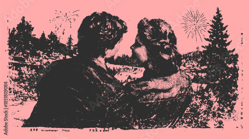 Couple silhouette enjoying fireworks in a romantic scene. Charming outdoor view in a vintage style vector illustration.