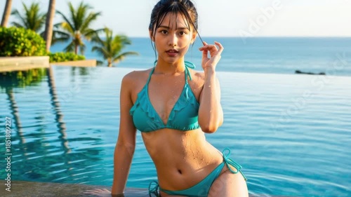 リゾートプールの縁に座り遠くを見つめる水着の女性