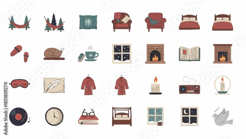 Cozy Home Comforts and Relaxation Icons Set.