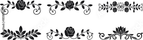 Black floral ornaments with roses and leaves on white background decorative flourish