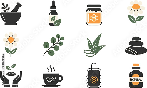 Herbal Medicine and Natural Wellness Icons Collection.