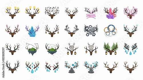 Collection of Decorative Deer Antlers with Various Artistic Embellishments.