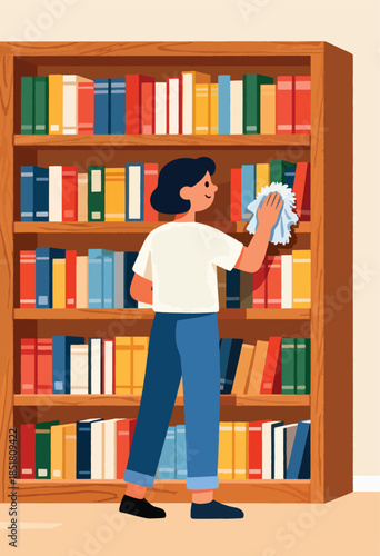 Person dusting books on a wooden shelf