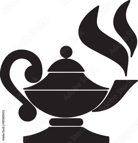 Vector illustration of a Hindu god Ganesha silhouette icon design featuring a 3d concept symbol for a hot tea pot and coffee cup sign